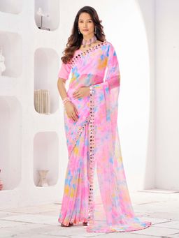 Pink Ethnic - Pink Water Colour Print Diamonte Georgette Saree with Unstitched Blouse