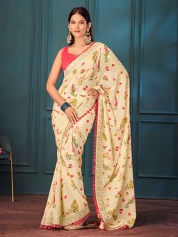 Pink Ethnic - Off White Chinon Embroidered Lace Border Saree with Unstitched Blouse