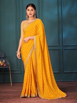 Pink Ethnic - Yellow Chinon Silk Bandhani Saree with Unstitched Blouse