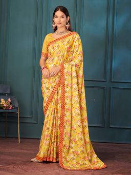 Pink Ethnic - Yellow Chinon Silk Floral Printed Saree with Unstitched Blouse