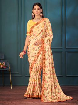 Pink Ethnic - Canary Chinon Silk Floral Printed Saree with Unstitched Blouse