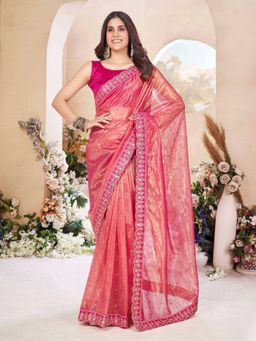Pink Ethnic - Coral Net Organza All Over Embellished Pink Saree with Unstitched Blouse