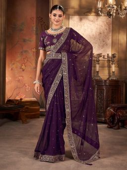 Pink Ethnic - Wine Georgette Solid Embellished and Sequined Saree with Unstitched Blouse