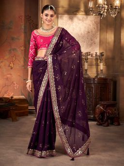 Pink Ethnic - Wine Saree In Georgette with Embroidered Border & Floral Buttis with Unstitched Blouse