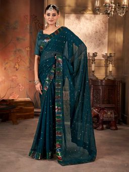 Pink Ethnic - Teal Blue Georgette Solid Embellished and Sequined Saree with Unstitched Blouse