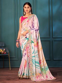 Pink Ethnic - Multi Color Chinon Silk Printed Saree with Scallop Border with Unstitched Blouse