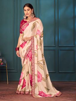Pink Ethnic - Off White Water Colour Print Diamonte Chinon Saree with Unstitched Blouse