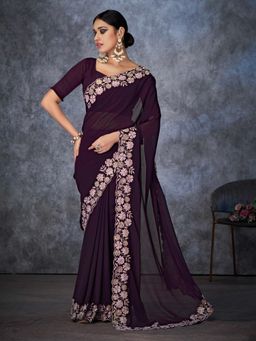 Pink Ethnic - Wine Georgette Saree with Scallop Border and Unstitched Blouse