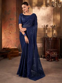 Pink Ethnic - Beautiful Navy Blue Georgette Saree with Unstitched Blouse