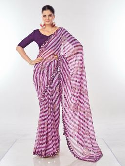 Pink Ethnic - Purple Leheriya Georgette Embellished Foil Mirror Work Saree with Unstitched Blouse