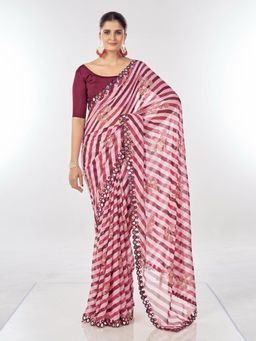 Pink Ethnic - Maroon Leheriya Georgette Embellished Foil Mirror Work Saree with Unstitched Blouse