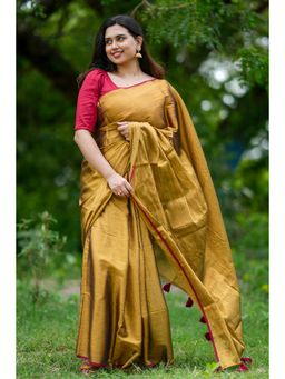 I LOVE SAREES - Golden Traditional Tissue Cotton Saree Without Blouse
