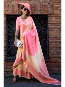Mysilklove - Mancho Cream and Pink Banarasi Handloom Saree with Unstitched Blouse