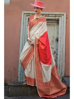 Mysilklove - Butter Cream and Red Banarasi Handloom Saree with Unstitched Blouse
