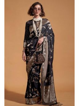 Mysilklove - Baltic Black Georgette Handloom Saree Without Blouse