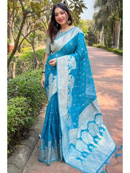 Mysilklove - Winter Sky Blue Woven Organza Saree Without Blouse