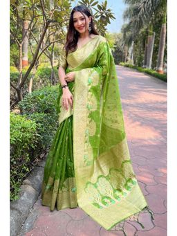 Mysilklove - Celery Green Woven Organza Saree Without Blouse
