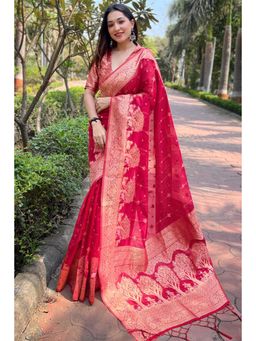 Mysilklove - Fuzzy Pink Zari Woven Organza Saree Without Blouse