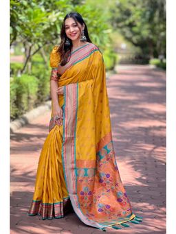 Mysilklove - Pizza Yellow Woven Paithani Saree Without Blouse