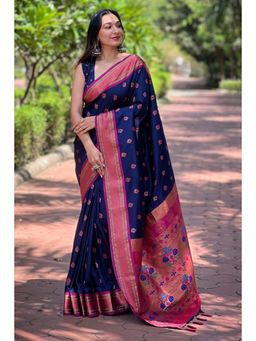 Mysilklove - Navy Blue Woven Paithani Saree Without Blouse