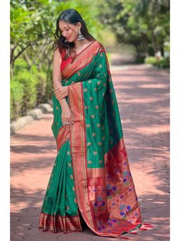 Mysilklove - Rain Forest Green Woven Paithani Saree Without Blouse