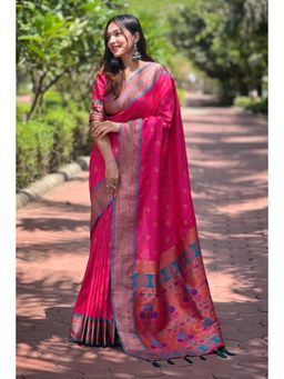 Mysilklove - Hibiscus Pink Woven Paithani Saree Without Blouse