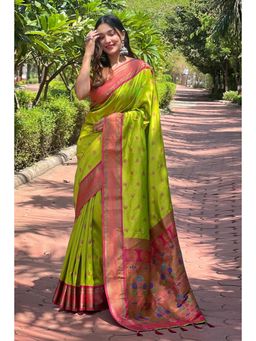Mysilklove - Citron Green Woven Paithani Saree Without Blouse