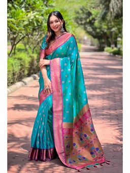 Mysilklove - Teal Woven Paithani Saree Without Blouse