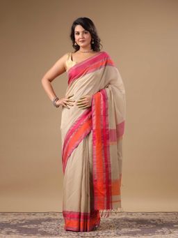 Moora - Ahilya - Beige Pure Silk Cotton Maheshwari Saree Without Blouse