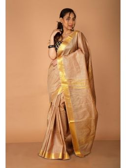 Unnati Silks - Beige Chanderi Sico Saree with Unstitched Blouse