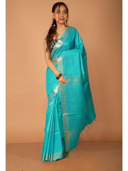 Unnati Silks - Turquoise Chanderi Sico Saree with Unstitched Blouse
