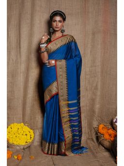 Unnati Silks - Peacock Blue Pure Handloom Narayani Cotton Saree with Unstitched Blouse