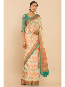 Soch - Women Beige Linen Geometric Saree with Unstitched Blouse