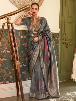 Sareemall - Women's Silk Blend Grey Woven Design Celebrity Saree with Unstitched Blouse