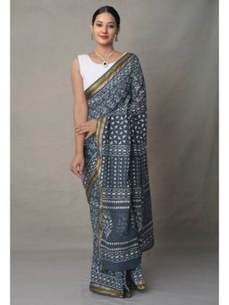 Unnati Silks - Grey Pure Preet Block Printed Mulmul Cotton Saree with Unstitched Blouse
