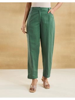 Fabindia - Women Green Cotton Linen Solid Tapered Pant