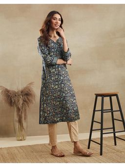 Fabindia - Navy Blue Rayon Blend Hand Block Printed Slim Fit Long Kurta