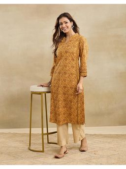 Fabindia - Mustard Cotton Hand Block Printed Slim Fit Long Kurta