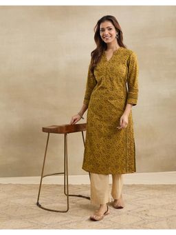Fabindia - Olive Cotton Hand Block Printed Slim Fit Long Kurta