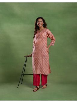 Fabindia - Coral Cotton Silk Floral Print Long Kurta