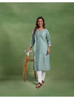 Fabindia - Turquoise Cotton Silk Floral Print Long Kurta