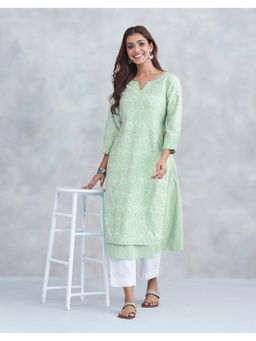 Fabindia - Green Cotton Silk Floral Long Kurta