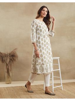 Fabindia - Off White Cotton Block Printed Long Kurta