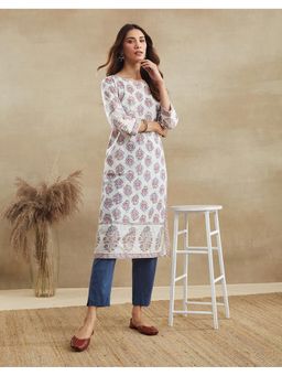 Fabindia - Off White Cotton Block Printed Long Kurta