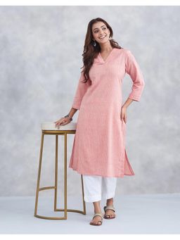 Fabindia - Pink Cotton Striped V-Neck Long Kurta