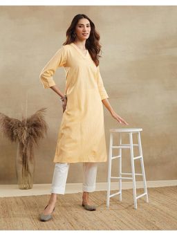 Fabindia - Yellow Cotton Striped V-Neck Long Kurta
