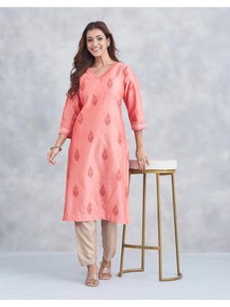 Fabindia - Coral Cotton Silk V-Neck Long Kurta