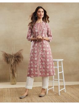 Fabindia - Pink Cotton Floral Print Long Kurta