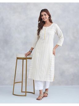 Fabindia - Off White Cotton Striped Long Kurta
