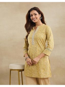 Fabindia - Mustard Cotton Floral Printed Short Kurta